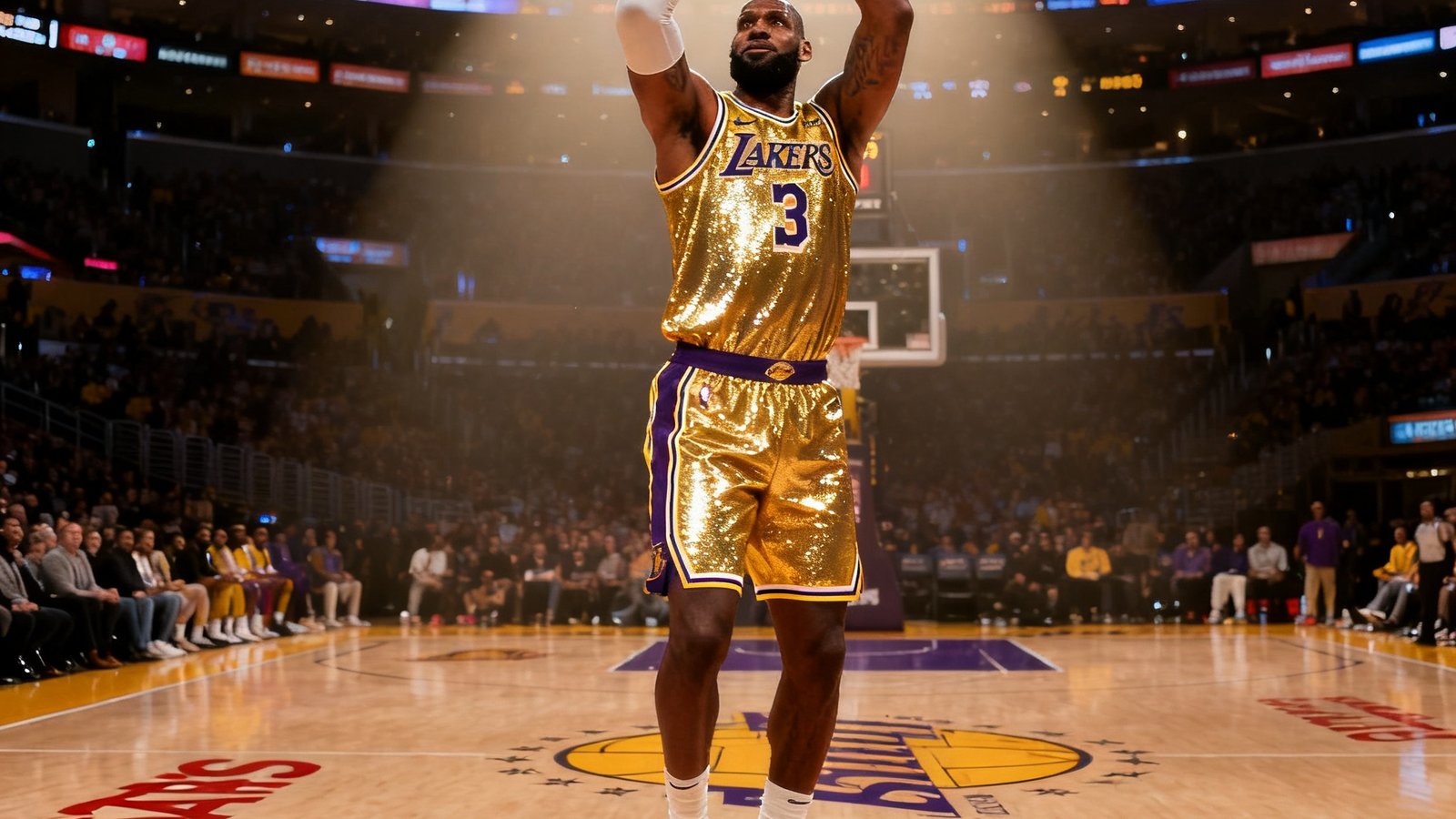 NBA常规赛湖人主场对阵勇士，勒布朗詹姆斯在弧顶干拔跳投，金色球衣在聚光灯下闪耀