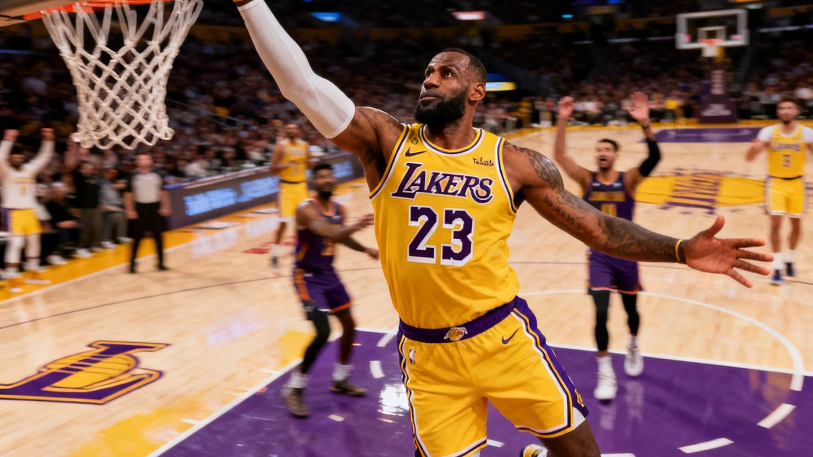 NBA湖人队勒布朗詹姆斯在比赛最后时刻命中关键三分球的精彩回放画面